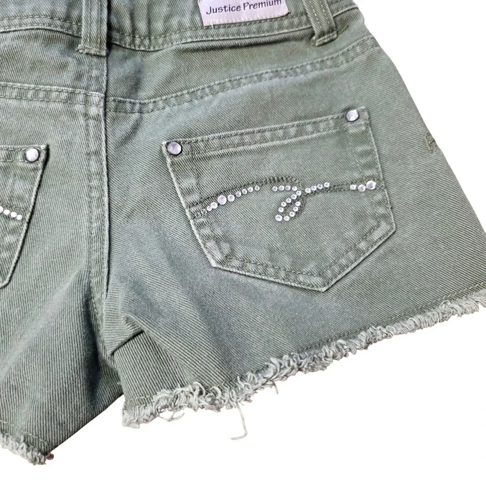 Justice Girls Green Camo Denim Shorts Rhinestone Embellished Raw‎ Hem 7 2013